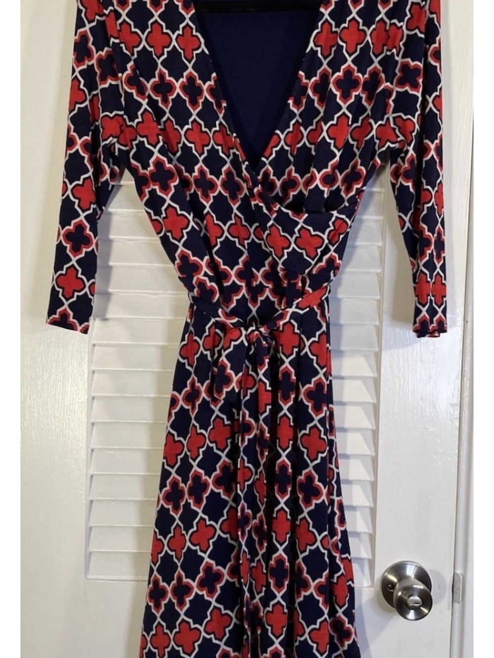 41 Hawthorn Navy and Red Geometric Wrap Dress